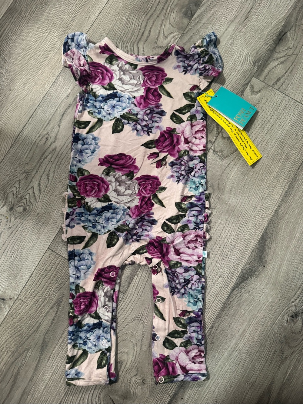 Posh Peanut Pink Floral Girls' Romper with Purple & Blue Blooms
